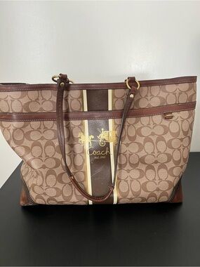 Coach Heritage Brown Trip Signature Stripe Tote with Gold Logo Or Better Offer!